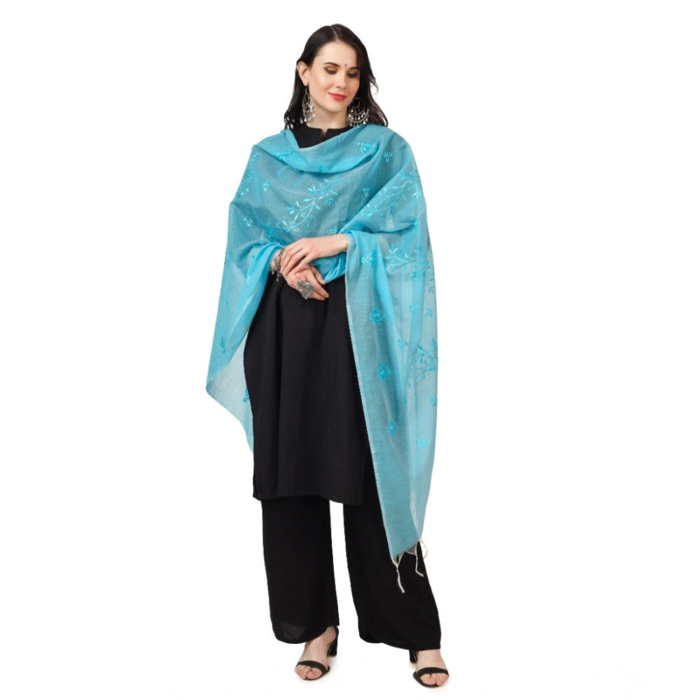 Women's Cotton Embroidered Dupatta (Aqua Blue, Length: 2.25 to 2.50 Mtr)