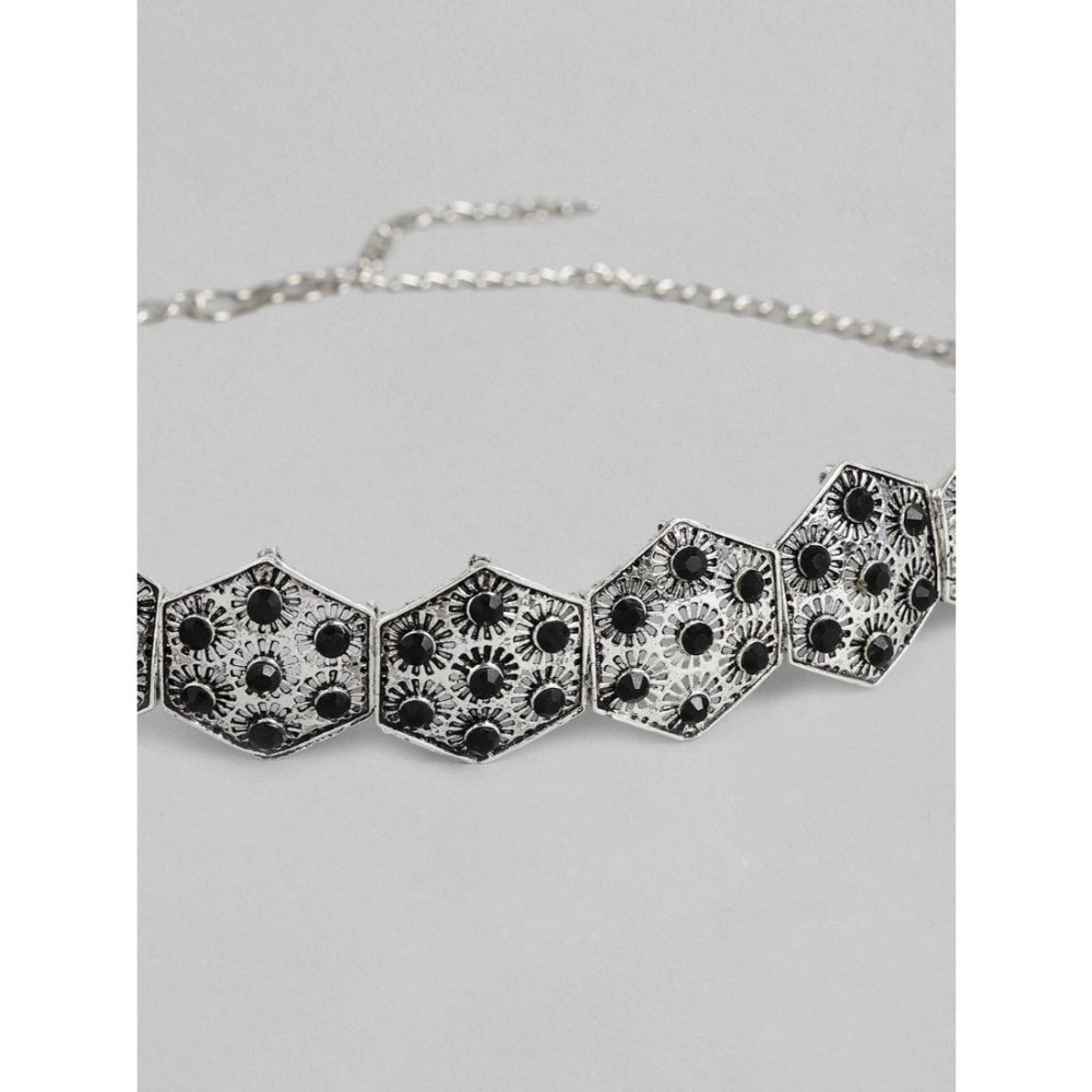 Women's Rose Gold Plated Alloy Choker (Silver & Black)