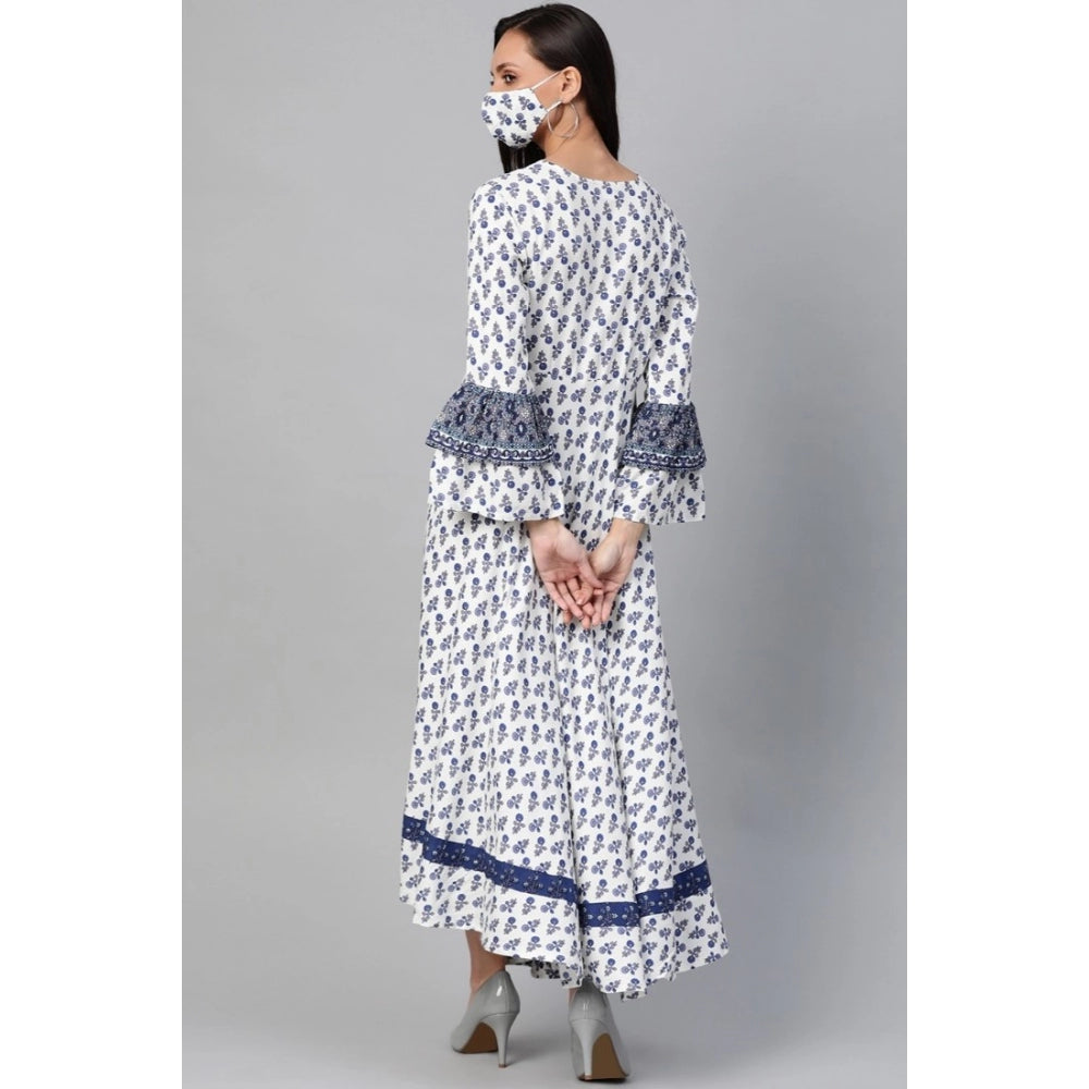 Women's Casual Bell Sleeve Floral Printed Rayon Dress (White & Blue)