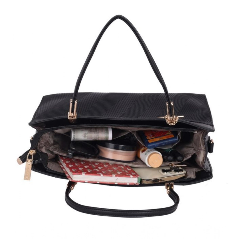 Women's Faux Leather Textured Adjustable Long Belt Handbag (Black)