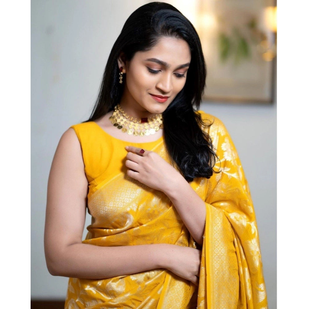 Women's Silk Printed Saree With Unstitched Blouse 5.5Mtr (Yellow)