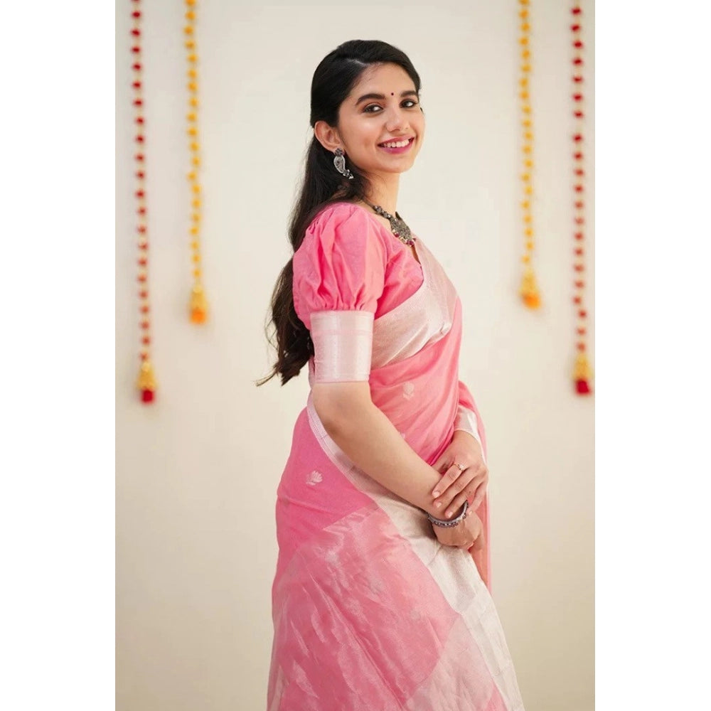 Women's Cotton Printed Saree With Unstitched Blouse 5.5Mtr (Pink)