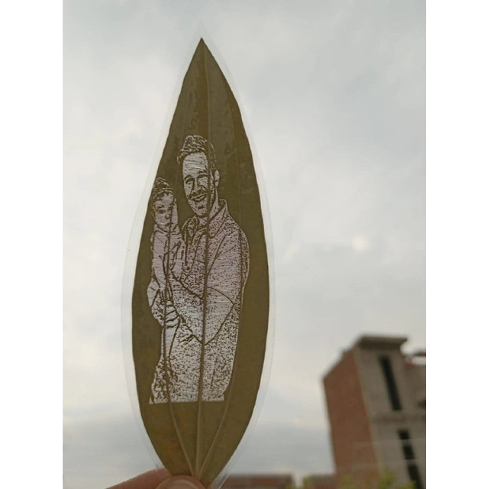 Custom Father & Child Portrait Engraved on Natural Leaf €“ Personalized Botanical Art Gift