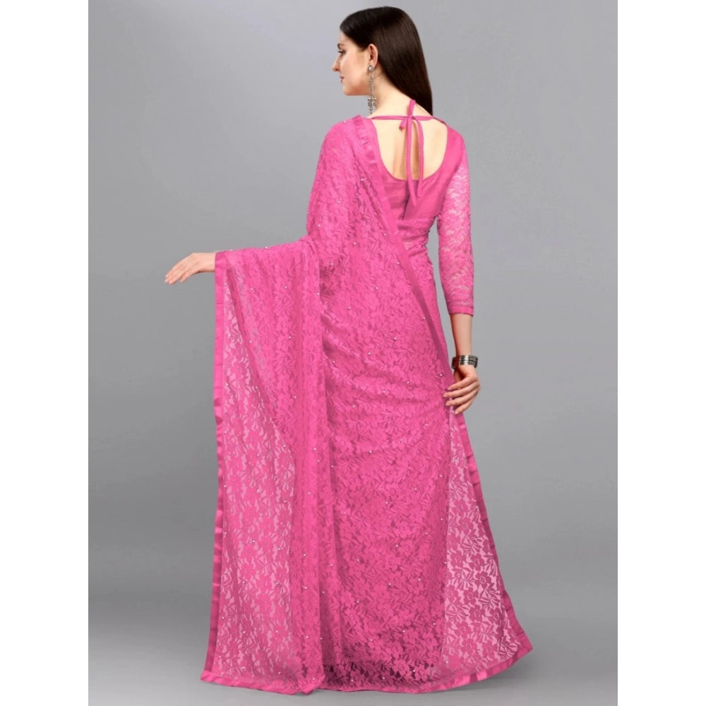 Women's Net Self Design Saree With Unstitched Blouse 5.5Mtr (Dark Pink)