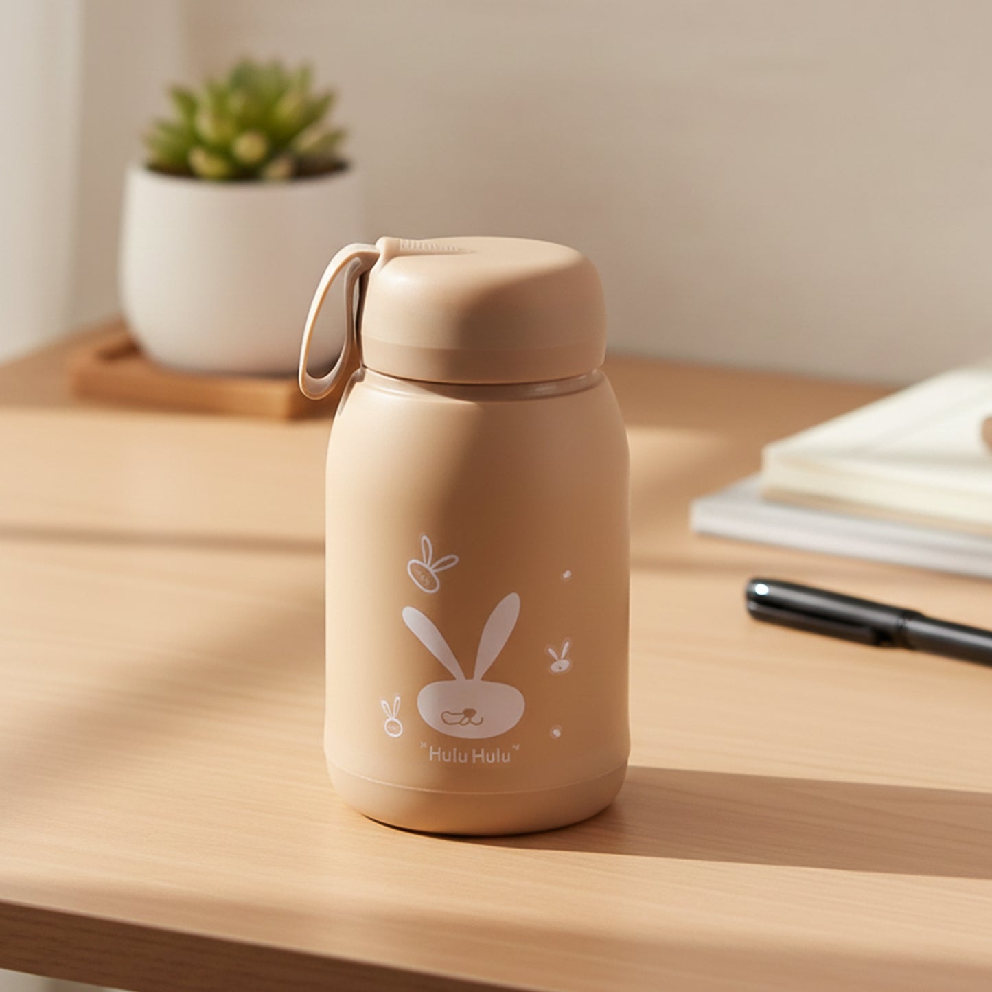 Cute Bunny Print Glass Drinking Brown Bottle (330ml 1 Pc)