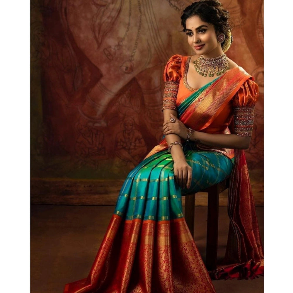 Women's Soft Lichi Silk Printed Saree With Unstitched Blouse 5.5Mtr (Green)