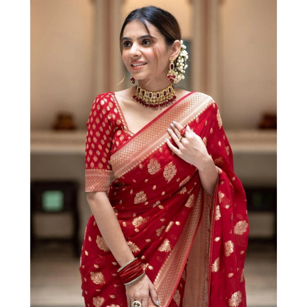 Women's Soft Lichi Silk Printed Saree With Unstitched Blouse 5.5Mtr (Red)