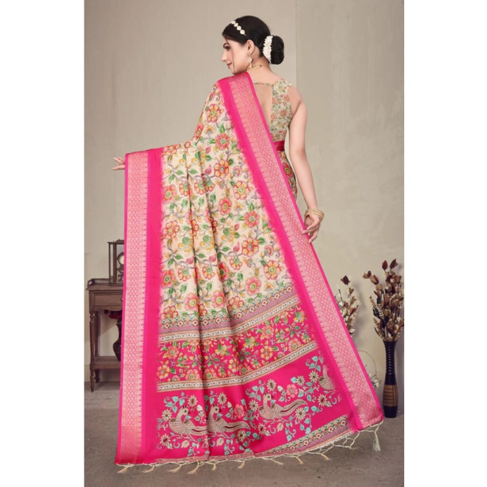 Women's Cotton Silk Printed Saree With Unstitched Blouse 5.5Mtr (Pink)