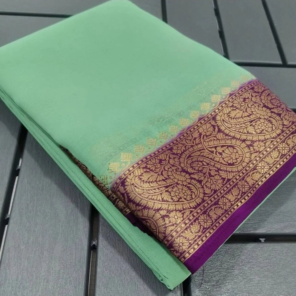 Women's Crepe Chit Pallu Solid Saree With Unstitched Blouse 5.5Mtr (Light Green)