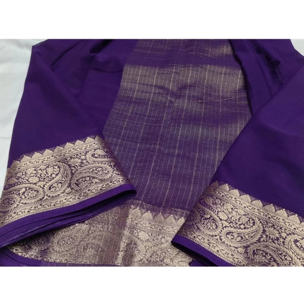Women's Crepe Chit Pallu Solid Saree With Unstitched Blouse 5.5Mtr (Purple)