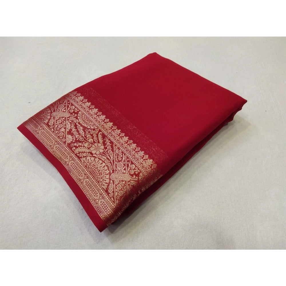 Women's Crepe Chit Pallu Solid Saree With Unstitched Blouse 5.5Mtr (Red)