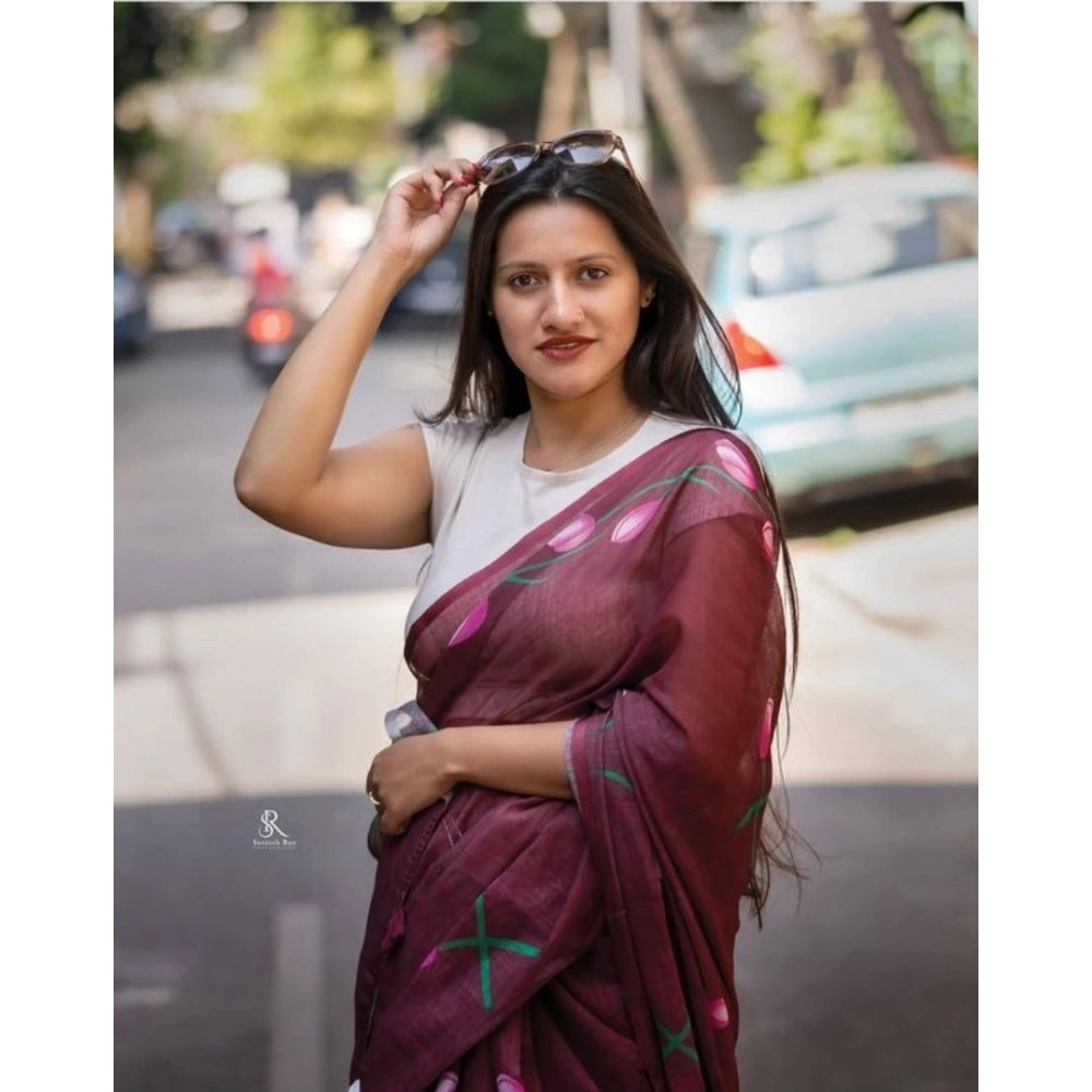 Women's Linen Printed Saree With Unstitched Blouse 5.5Mtr (Brown)