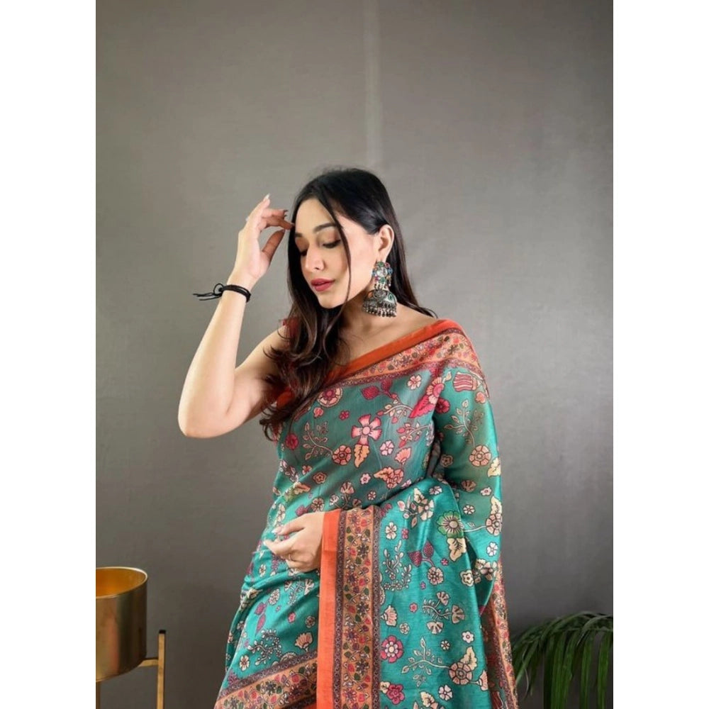Women's Linen Printed Saree With Unstitched Blouse 5.5Mtr (Olive)