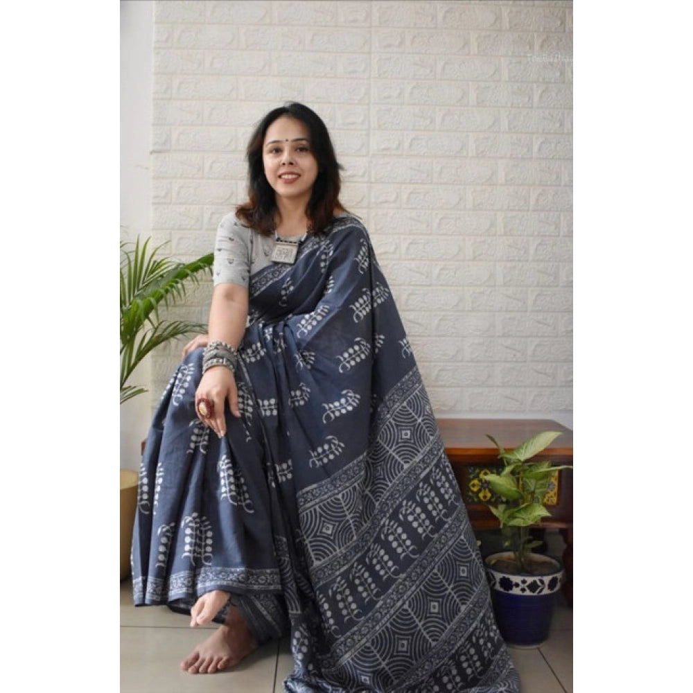 Women's Linen Printed Saree With Unstitched Blouse 5.5Mtr (Grey)