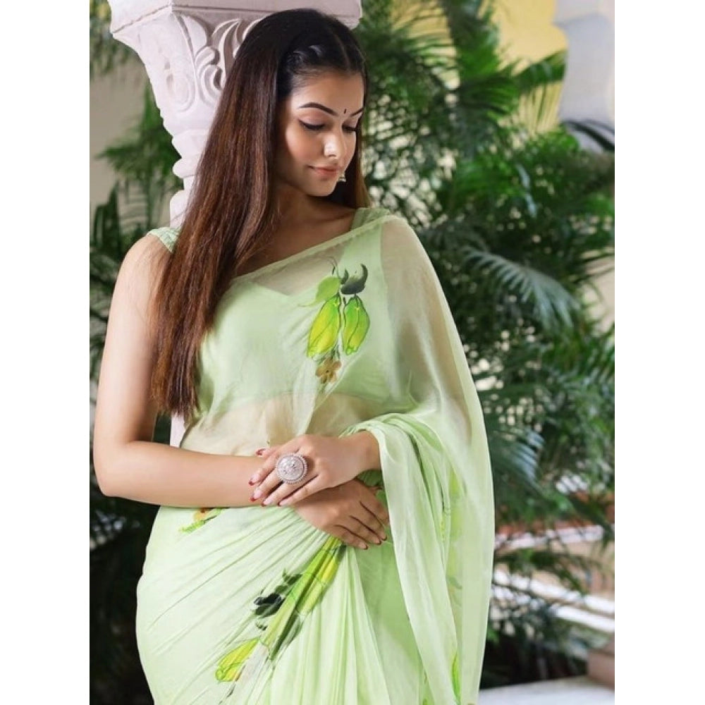 Women's Linen Printed Saree With Unstitched Blouse 5.5Mtr (Green)