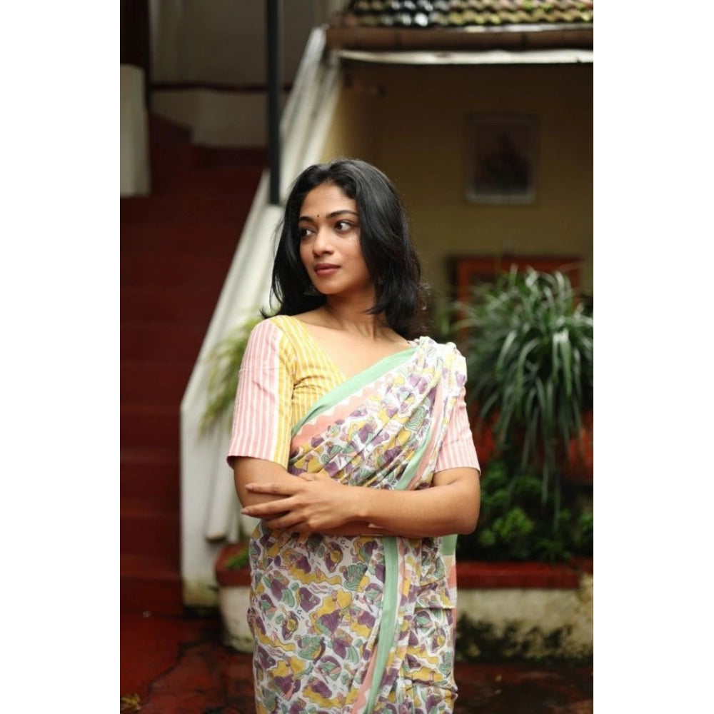 Women's Linen Printed Saree With Unstitched Blouse 5.5Mtr (Multicolor)
