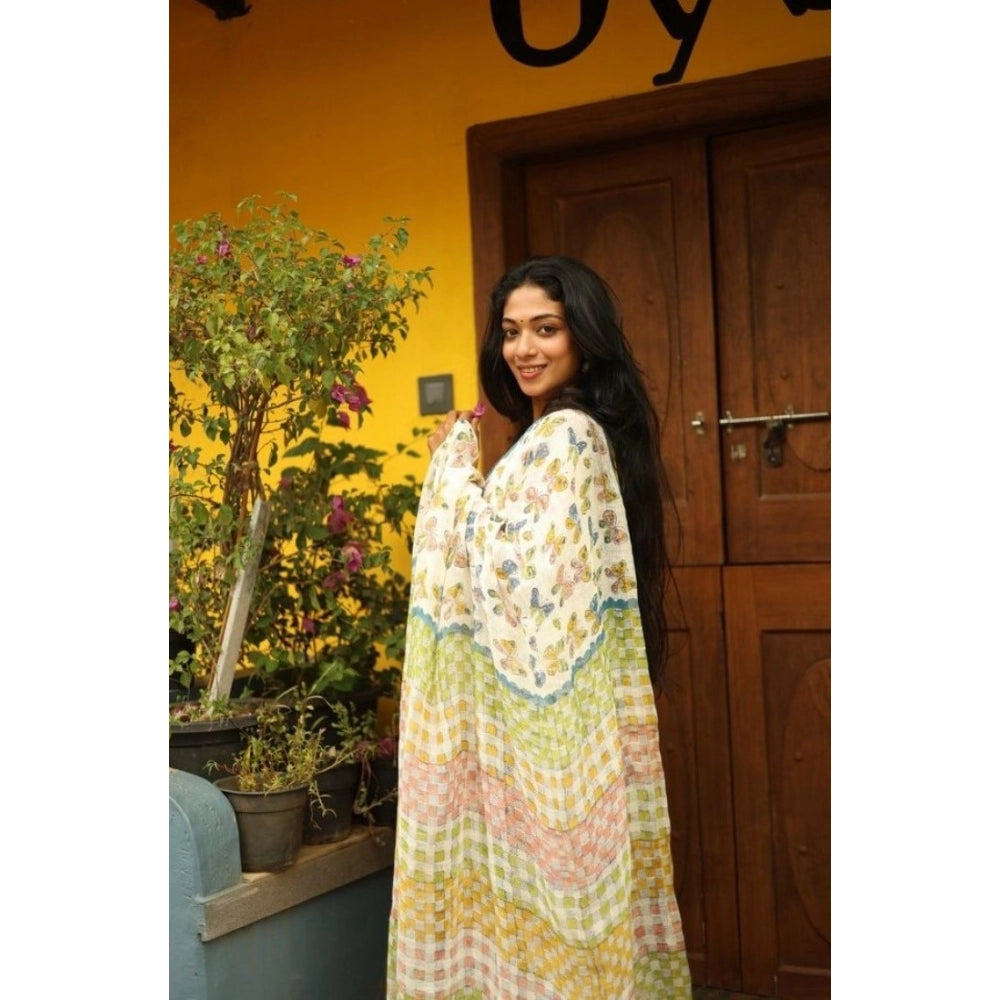 Women's Linen Printed Saree With Unstitched Blouse 5.5Mtr (White)