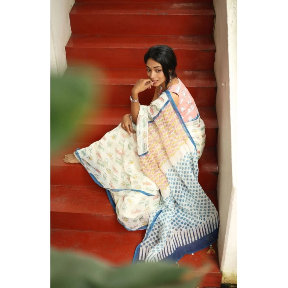 Women's Linen Printed Saree With Unstitched Blouse 5.5Mtr (White)