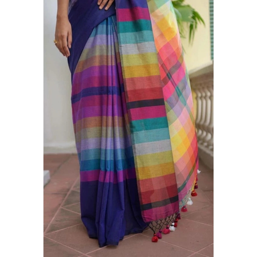 Women's Linen Printed Saree With Unstitched Blouse 5.5Mtr (Navy)