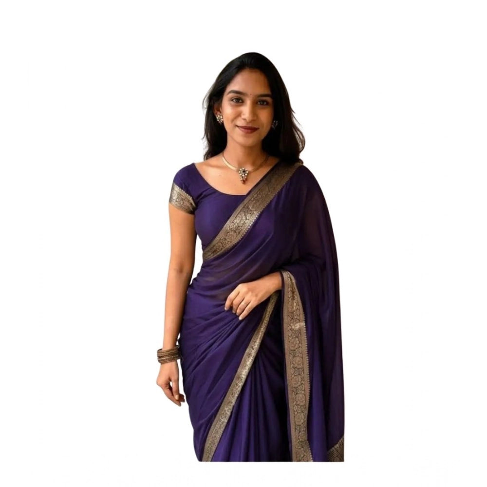 Women's Vichitra Silk Printed Saree With Unstitched Blouse 5.5Mtr (Purple)