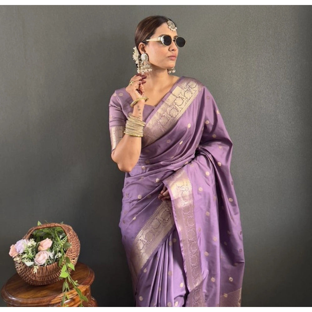 Women's Satin Printed Saree With Unstitched Blouse 5.5Mtr (Purple)