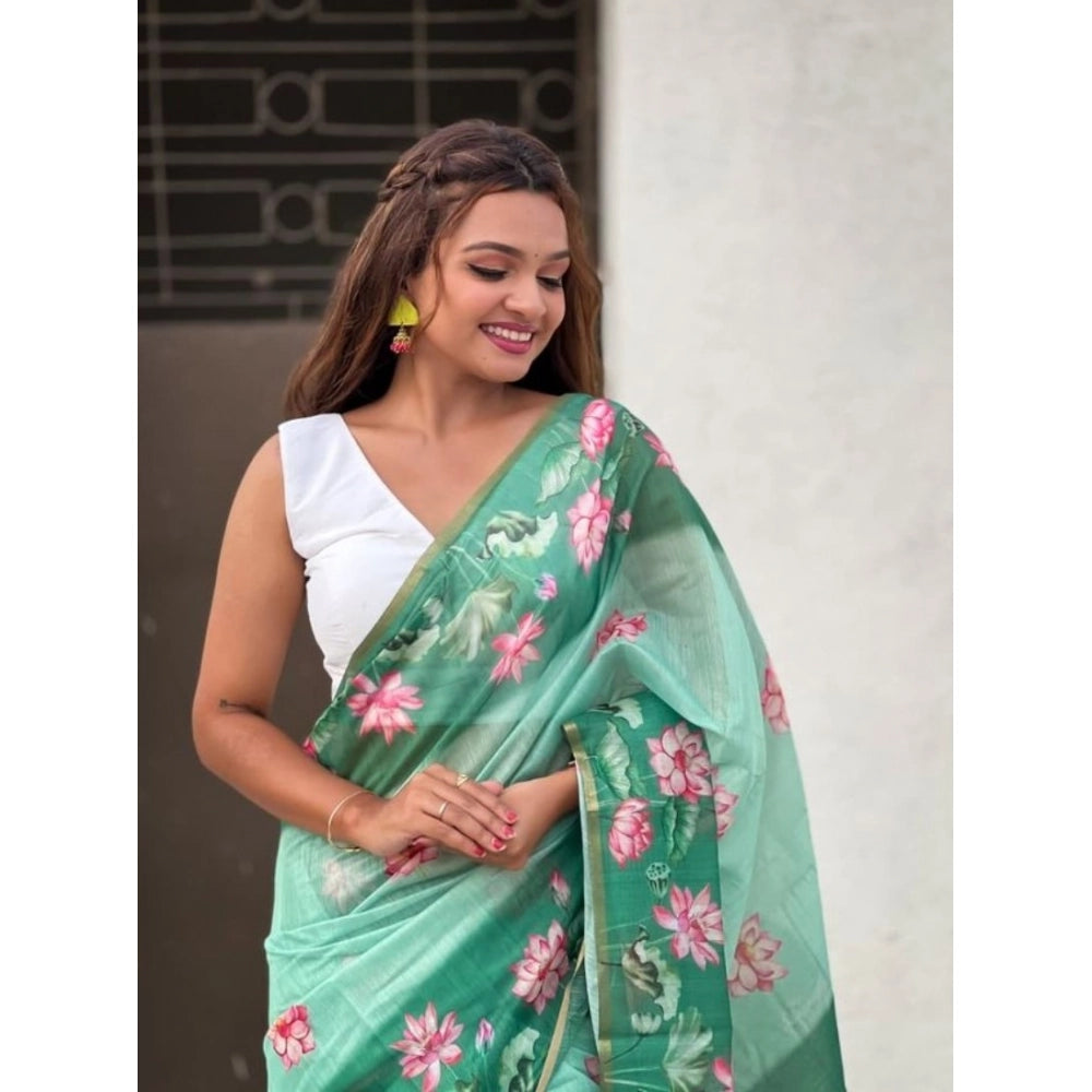 Women's Linen Printed Saree With Unstitched Blouse 5.5Mtr (Green)