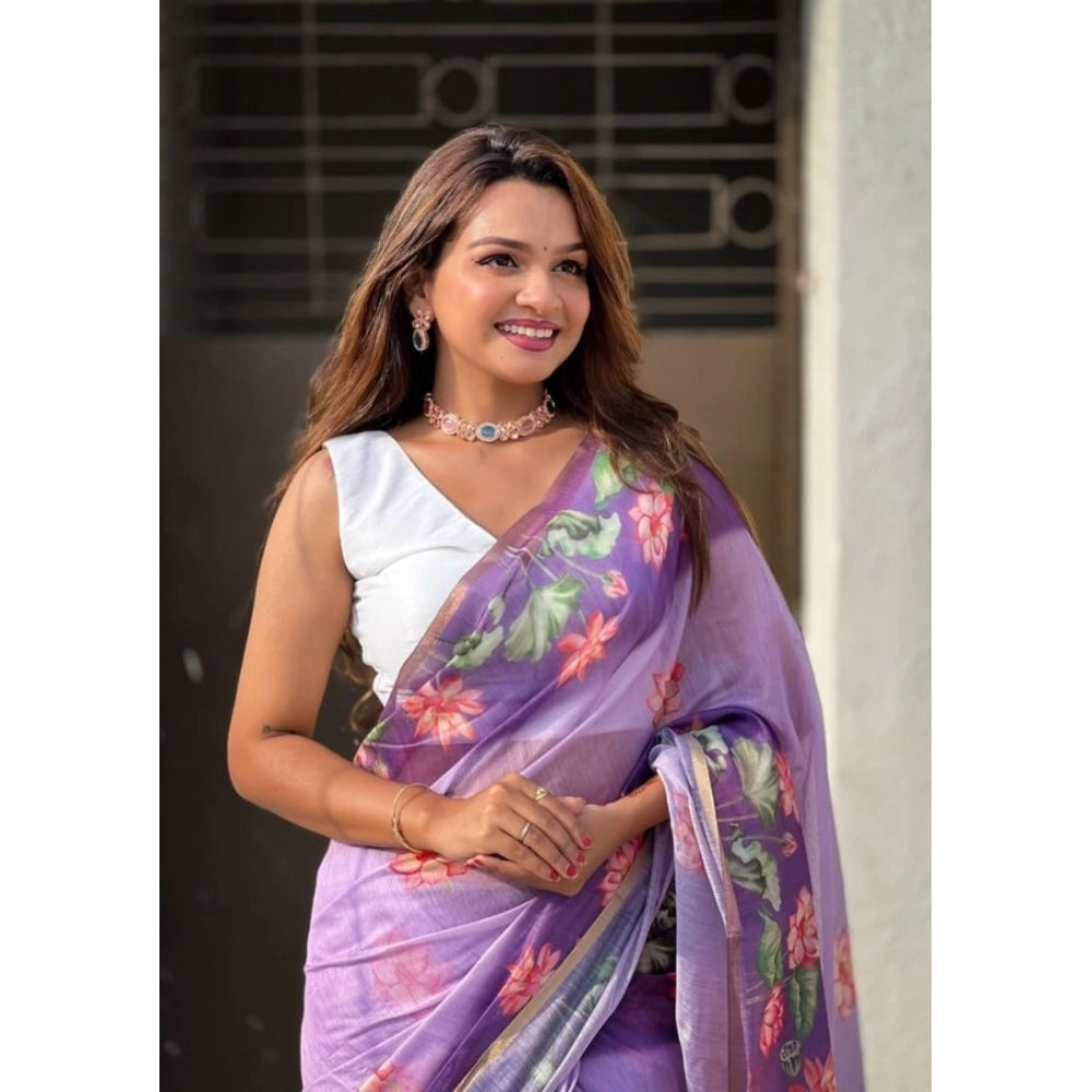 Women's Linen Printed Saree With Unstitched Blouse 5.5Mtr (Purple)
