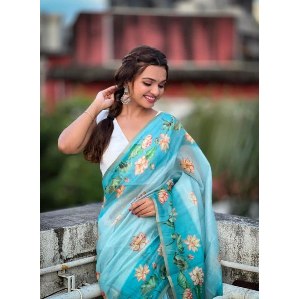 Women's Linen Printed Saree With Unstitched Blouse 5.5Mtr (Aqua)