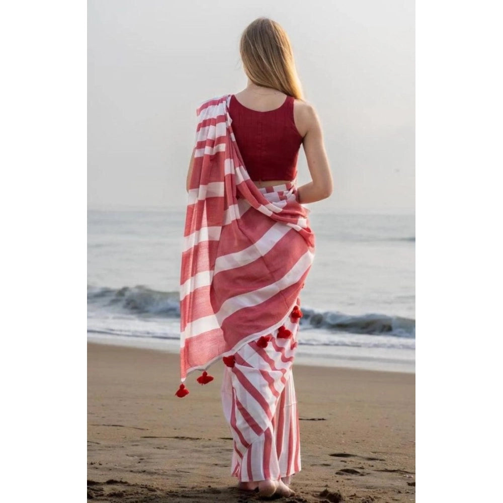 Women's Linen Printed Saree With Unstitched Blouse 5.5Mtr (Red)