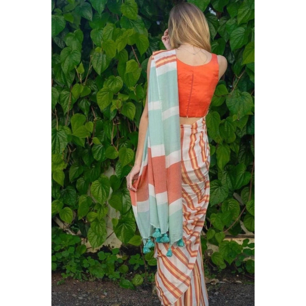 Women's Linen Printed Saree With Unstitched Blouse 5.5Mtr (Orange)