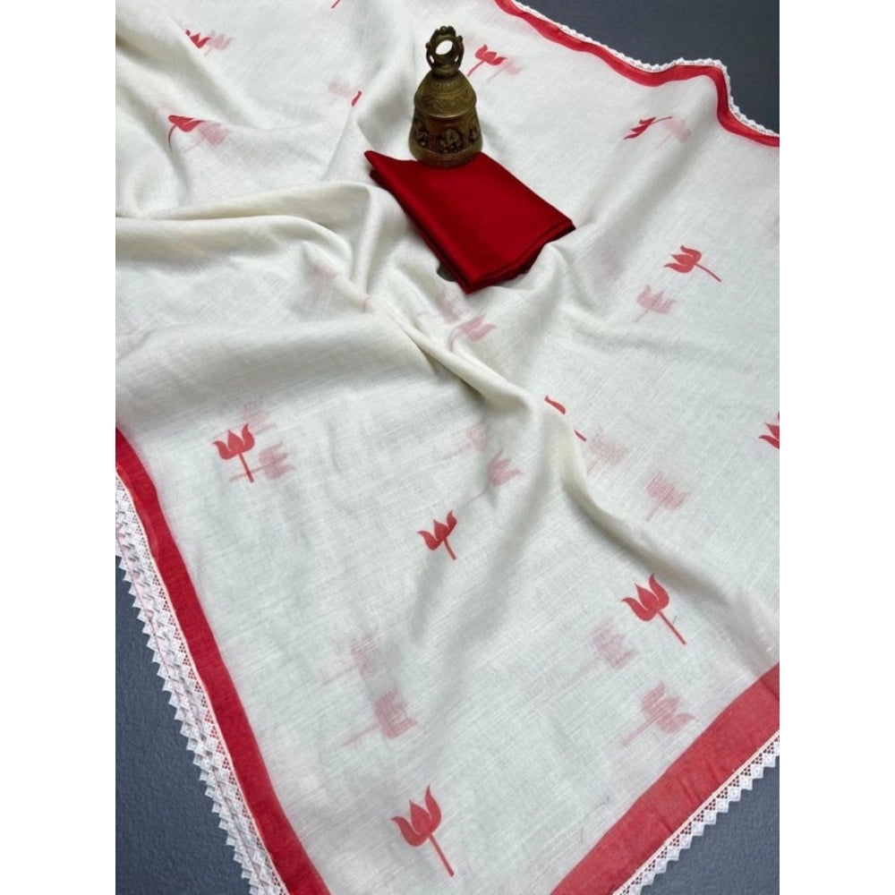 Women's Linen Printed Saree With Unstitched Blouse 5.5Mtr (White)