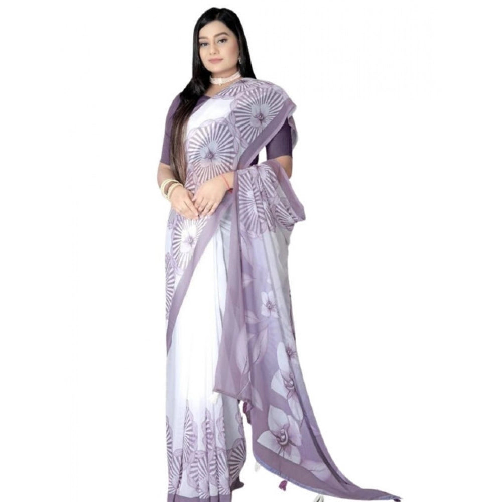 Women's Georgette Floral Printed Saree With Unstitched Blouse 5.5Mtr (Lavender)