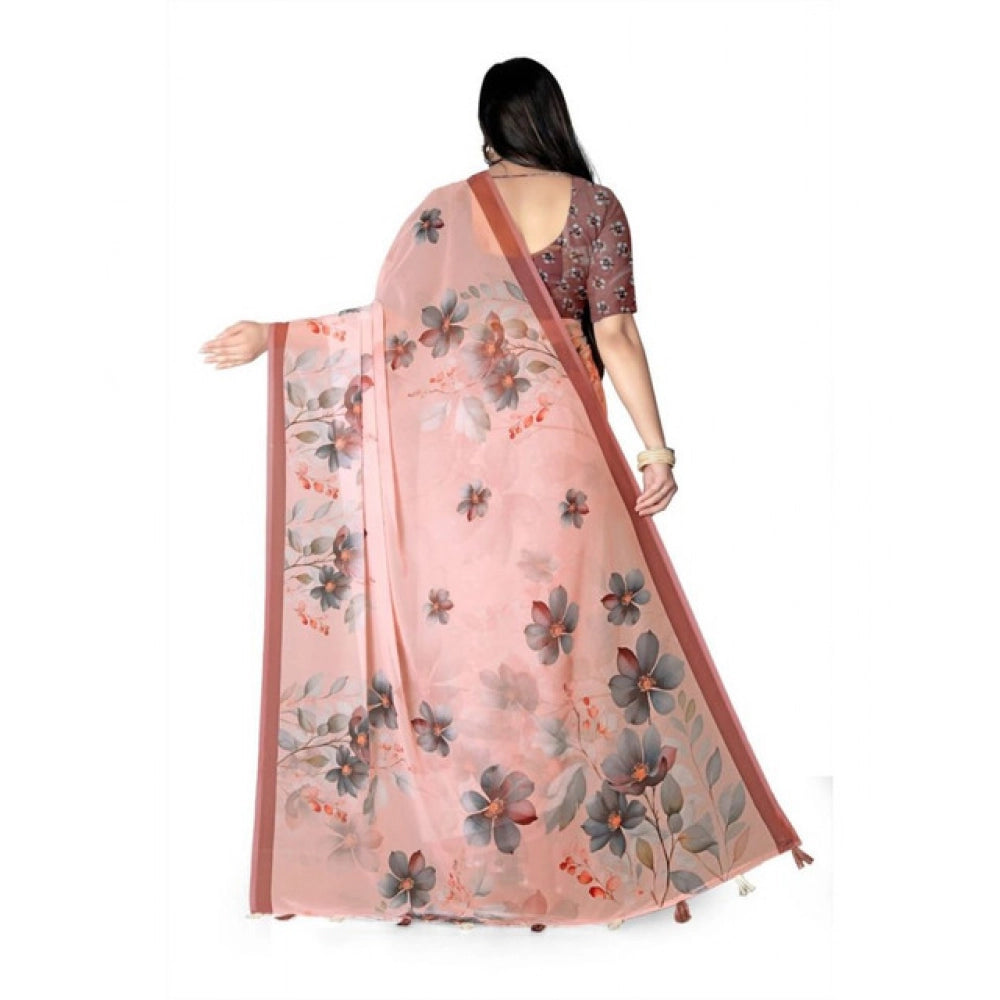 Women's Georgette Floral Printed Saree With Unstitched Blouse 5.5Mtr (Peach)