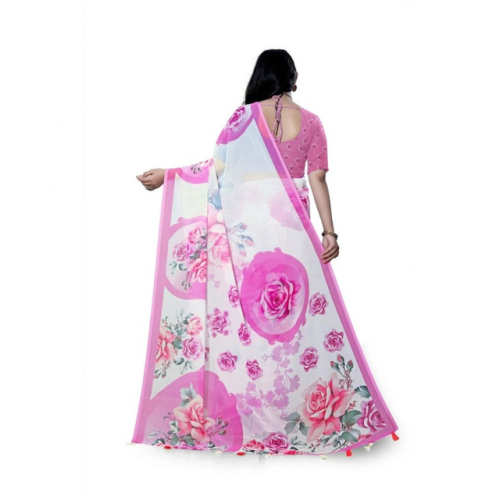 Women's Georgette Floral Printed Saree With Unstitched Blouse 5.5Mtr (Pink)