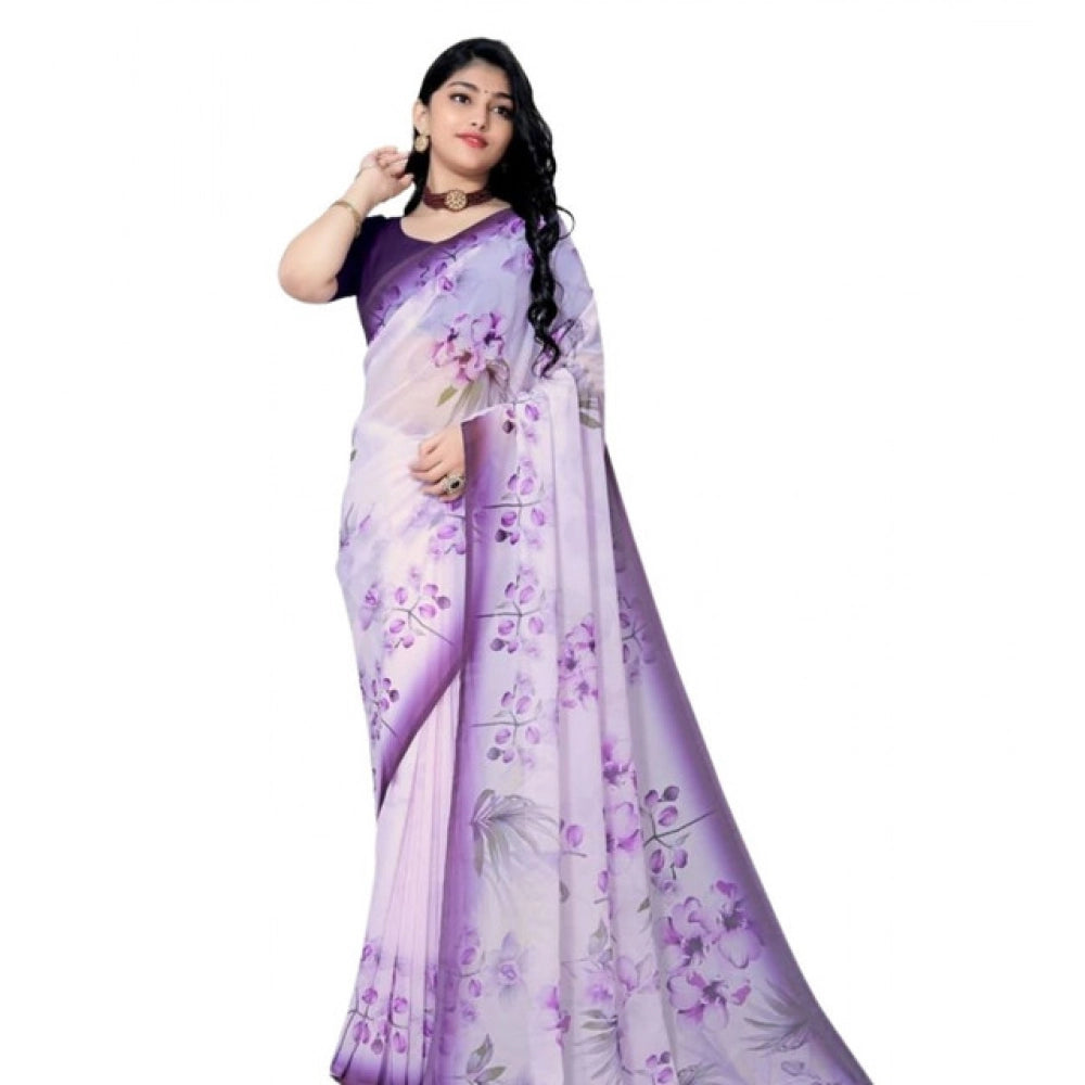 Women's Georgette Floral Printed Saree With Unstitched Blouse 5.5Mtr (Purple)