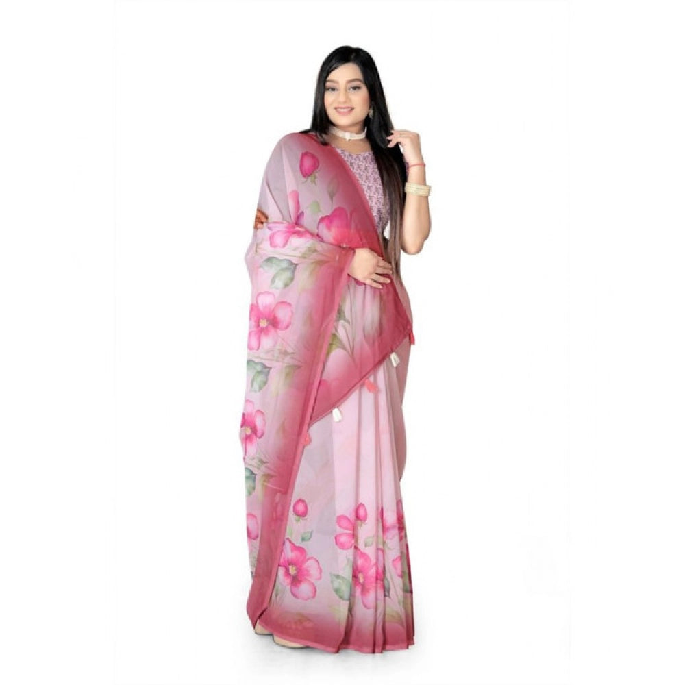 Women's Georgette Floral Printed Saree With Unstitched Blouse 5.5Mtr (Rose Pink)