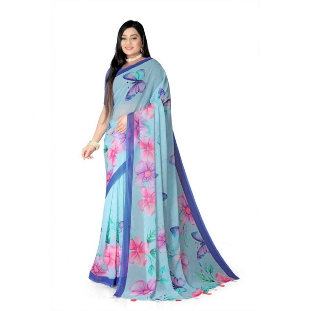 Women's Georgette Floral Printed Saree With Unstitched Blouse 5.5Mtr (Blue)