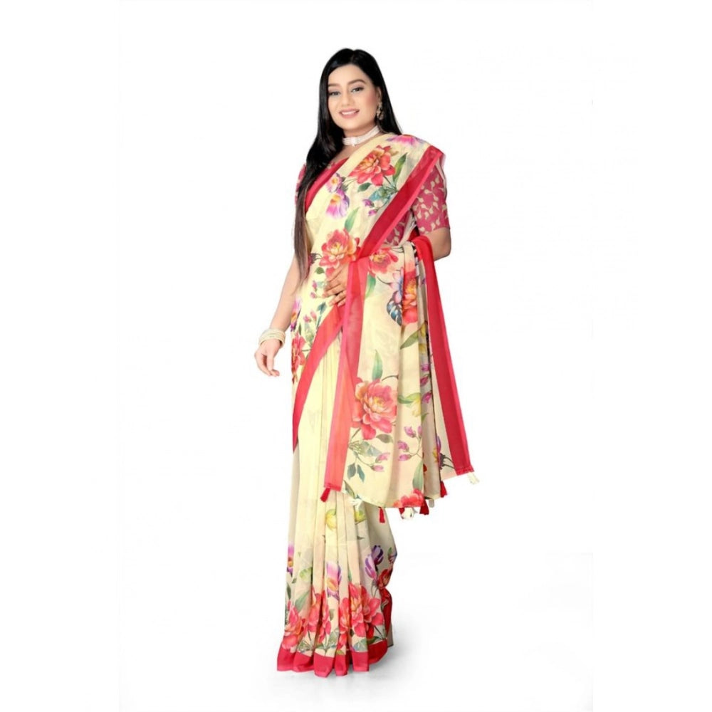 Women's Georgette Floral Printed Saree With Unstitched Blouse 5.5Mtr (Yellow)