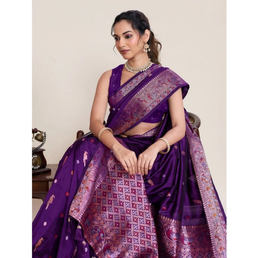 Women's Jacquard Woven Saree With Unstitched Blouse 5.5Mtr (Purple)