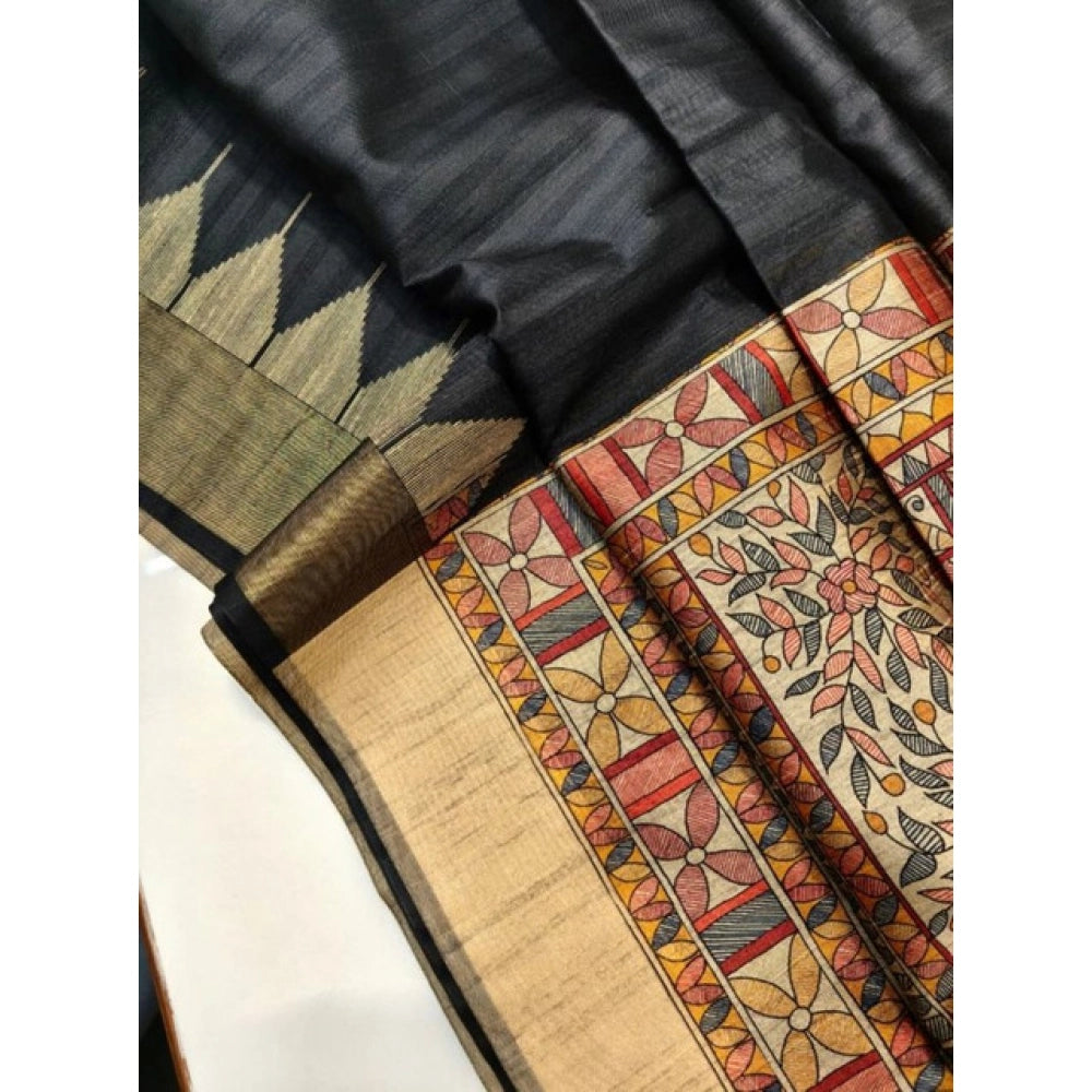 Women's Tussar Silk Madhubani Saree With Unstitched Blouse 5.5Mtr (Black)