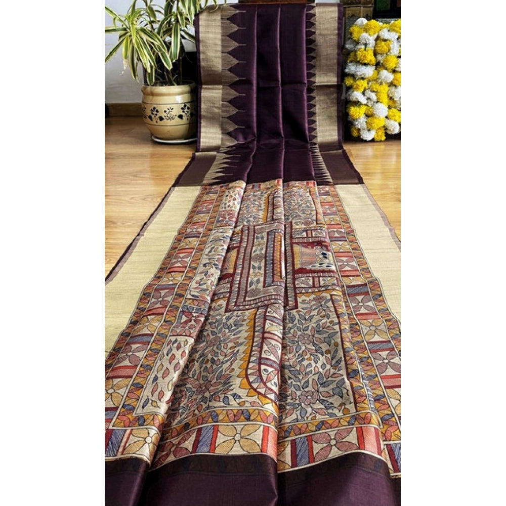 Women's Tussar Silk Madhubani Saree With Unstitched Blouse 5.5Mtr (Coffee)