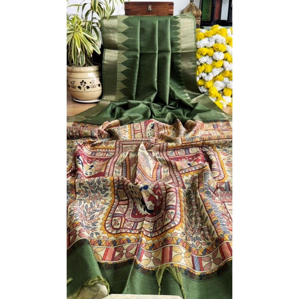Women's Tussar Silk Madhubani Saree With Unstitched Blouse 5.5Mtr (Green)