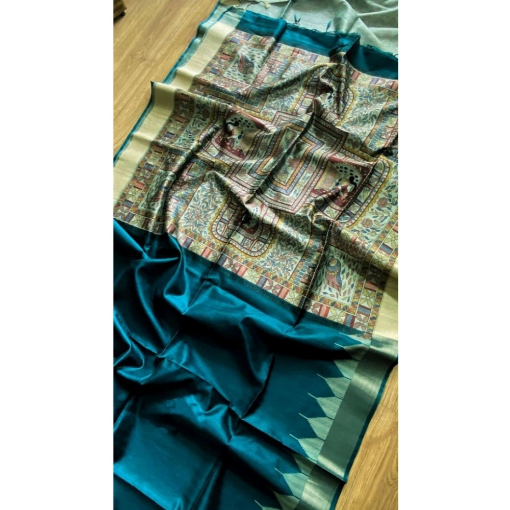 Women's Tussar Silk Madhubani Saree With Unstitched Blouse 5.5Mtr (Rama)