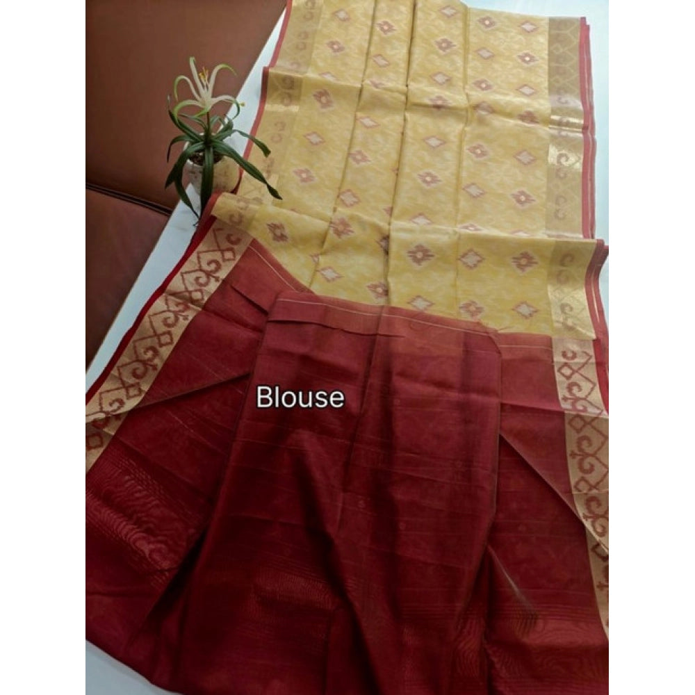 Women's Raw Silk Ikkat Saree With Unstitched Blouse 5.5Mtr (Beige)