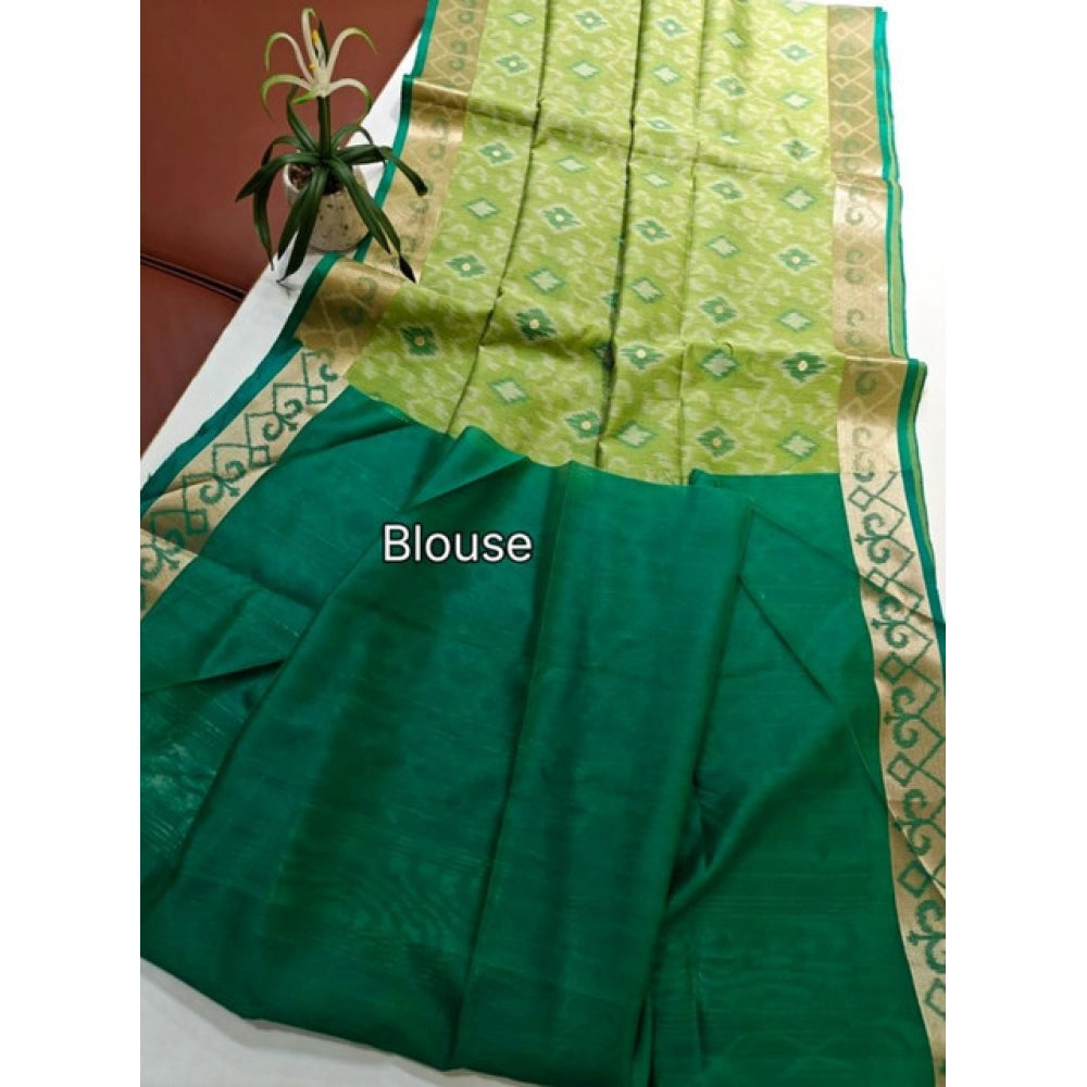 Women's Raw Silk Ikkat Saree With Unstitched Blouse 5.5Mtr (Green)