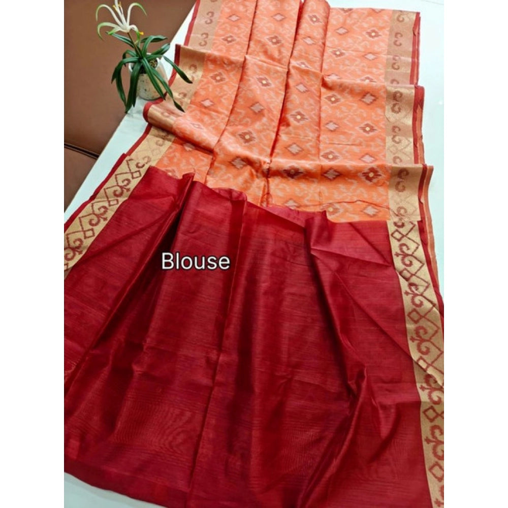 Women's Raw Silk Ikkat Saree With Unstitched Blouse 5.5Mtr (Peach)