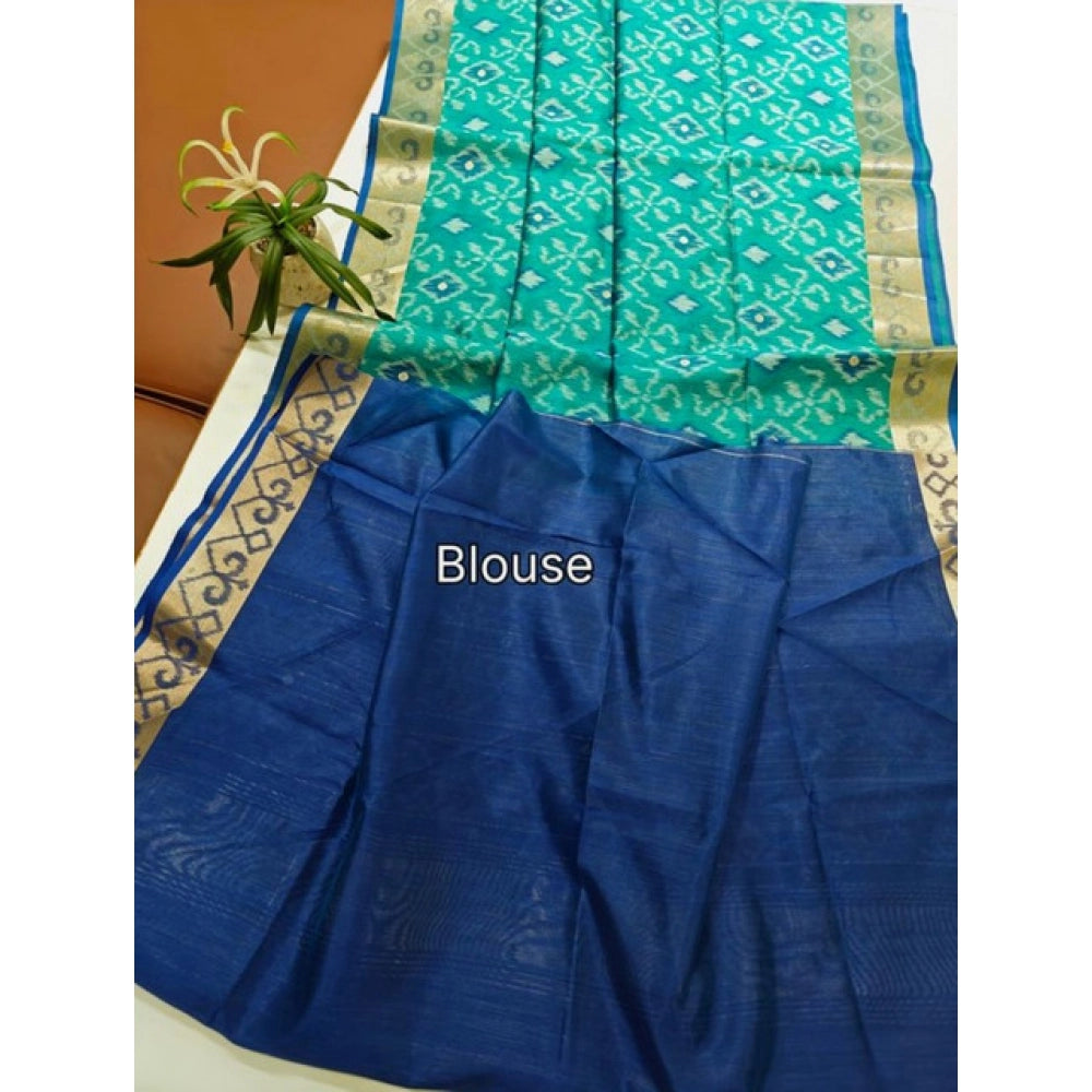 Women's Raw Silk Ikkat Saree With Unstitched Blouse 5.5Mtr (Sky Blue)