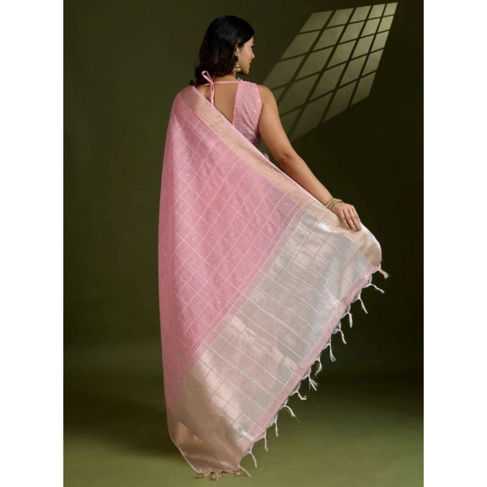 Women's Tissue Checks_With_Buttis Saree With Unstitched Blouse 5.5Mtr (Light_Pink)