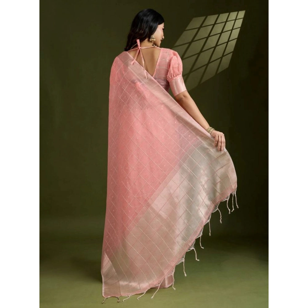 Women's Tissue Checks_With_Buttis Saree With Unstitched Blouse 5.5Mtr (Peach)
