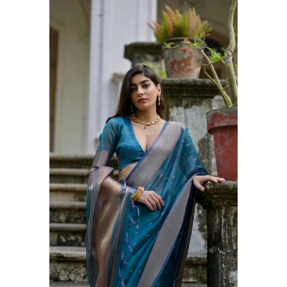 Women's Silk_Blend Butti Pattern Saree With Unstitched Blouse 5.5Mtr (Teal)